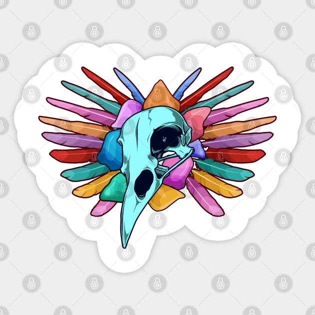 Raven skull with colorful feathers - Aestethic Goblincore Sticker by Modern Medieval Design